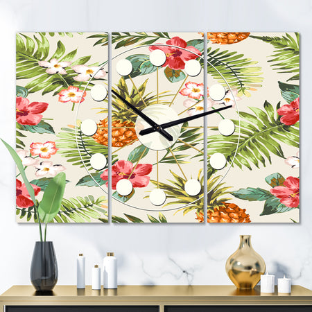 Pineapple Summer Bliss IV - Oversized Mid-Century wall clock - 3 Panels