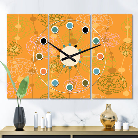 Retro handdrawn flowers III - Oversized Mid-Century wall clock - 3 Panels