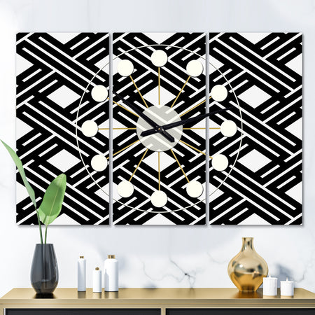 Monochrome Geometric Pattern II - Oversized Mid-Century wall clock - 3 Panels