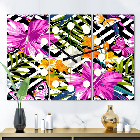 Tropical Foliage and Geometrics - Oversized Mid-Century wall clock - 3 Panels