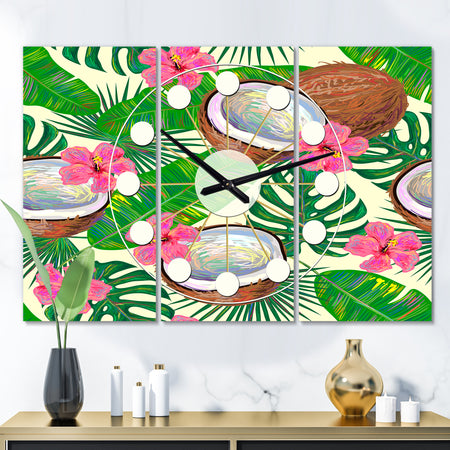 Tropical Cooconut and Jungle Flowers - Oversized Mid-Century wall clock - 3 Panels