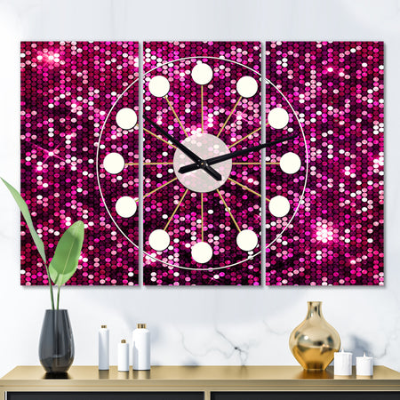 Pink Sparkle Glitter - Oversized Mid-Century wall clock - 3 Panels