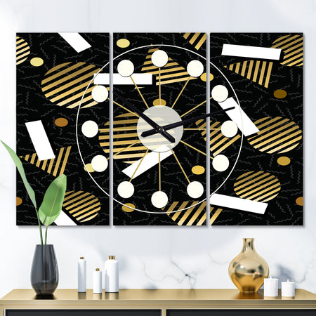 Gold Retro Circular Pattern - Oversized Mid-Century wall clock - 3 Panels