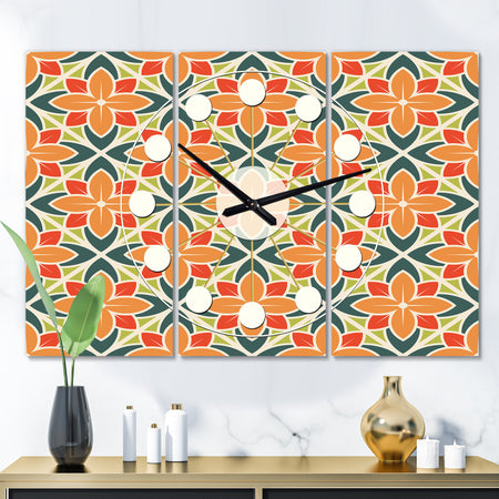Retro Floral Pattern IV - Oversized Mid-Century wall clock - 3 Panels