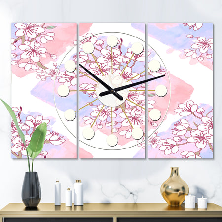 Retro Pink Flower Pattern I - Oversized Mid-Century wall clock - 3 Panels
