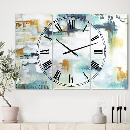 Teal And White Composition - Oversized Modern Wall Clock - 3 Panels