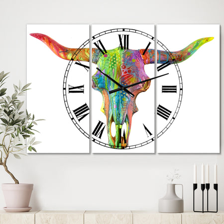 Longhorn Rainbow Skull - Oversized Modern Wall Clock - 3 Panels
