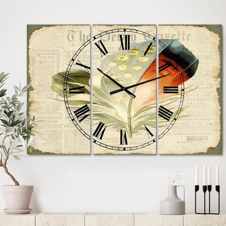 Colorful Elegant Feather On Old Style Newspaper IV - Large Cottage Wall Clock - 3 Panels
