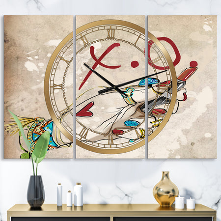 Gypsy Hippy Hand Lipstick xo - Large Cottage Wall Clock - 3 Panels