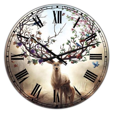 Deer With Blossoming Antlers - Large Cottage Wall Clock