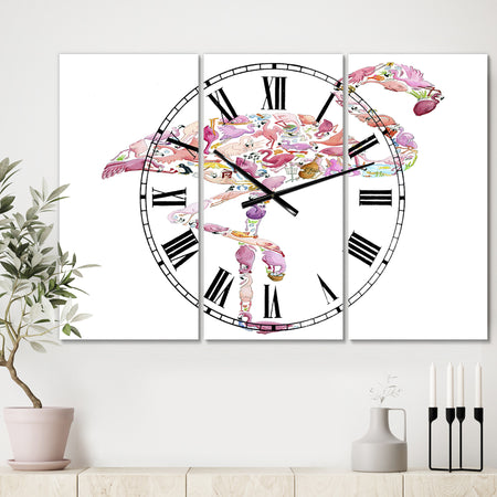 Flamingo Composition of Flamingo - Large Cottage Wall Clock - 3 Panels