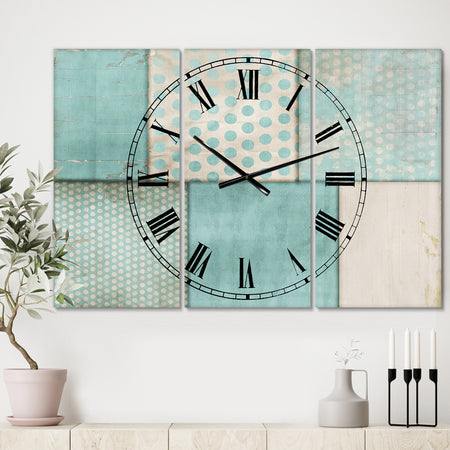Teal Print Collage - Large Mid-Century Wall Clock - 3 Panels