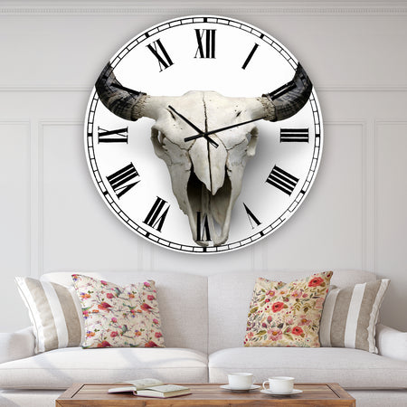 White Cow Skull With Black Horns - Oversized Farmhouse Wall Clock