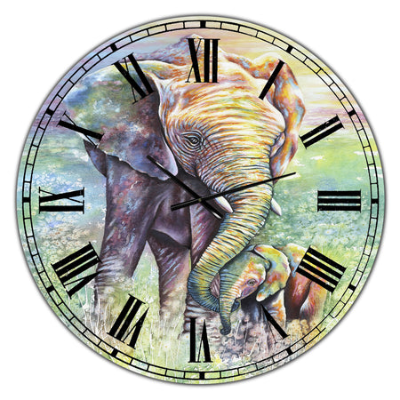 Mother & Baby Elephant Rainbow Colors - Oversized Cottage Wall Clock
