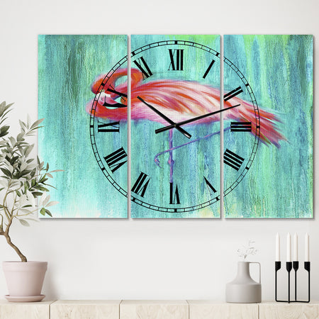 Pink Flamingo In Blue - Large Cottage Wall Clock - 3 Panels