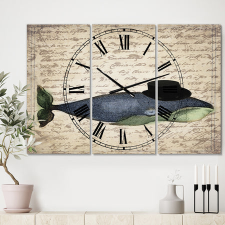 Old Style Whale With Hat - Oversized Nautical & Coastal Wall Clock - 3 Panels