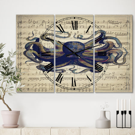 Octopus Music Score I - Oversized Nautical & Coastal Wall Clock - 3 Panels