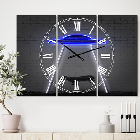 Neon UFO Abducting Cow - Large Modern Wall Clock - 3 Panels