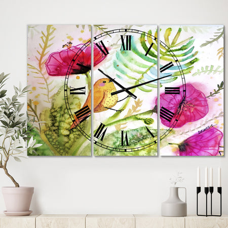 Watercolor Singing Bird On Purple Flowers - Large Cottage Wall Clock - 3 Panels