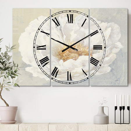 White Serene Peony - Cottage 3 Panels Oversized Wall CLock