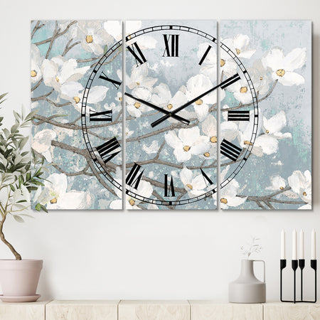 Blue on Grey Blossoms - Cottage 3 Panels Oversized Wall CLock