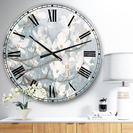 Blue on Grey Blossoms - Traditional Large Wall CLock