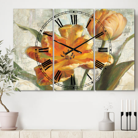Parrot Tulips I on Ivory - Cottage 3 Panels Oversized Wall CLock