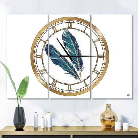 Gold Indigo Feathers III - Glam 3 Panels Oversized Wall CLock
