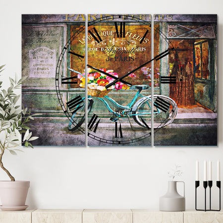Paris French Flowershop - Cottage 3 Panels Large Wall CLock