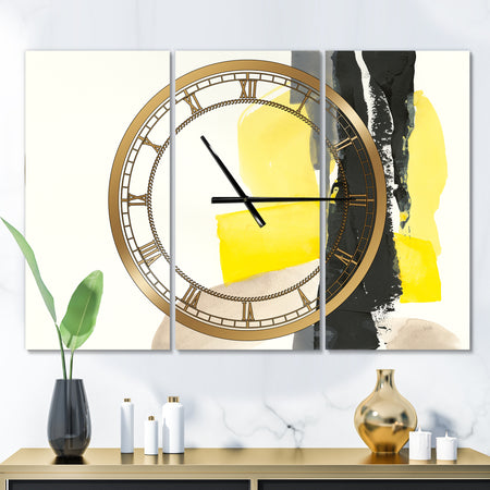 Glam Black and Yellow III - Glam 3 Panels Oversized Wall CLock