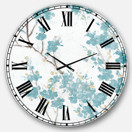 Teal Cherry Blossoms II - Traditional Floral Large Wall CLock