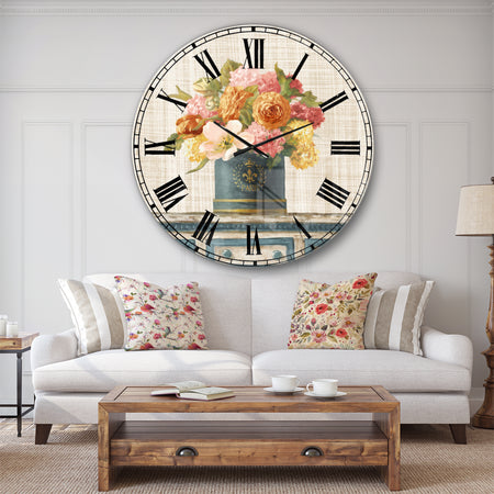 Tulips in Teal and Gold Hatbox on Linen - Cabin & Lodge Wall CLock