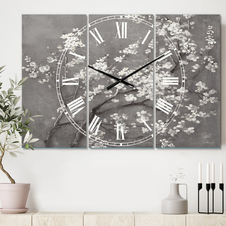 White Cherry Blossoms I - Cottage 3 Panels Large Wall CLock