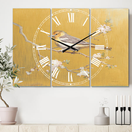 Gold Bird on Blossoms I - Cottage 3 Panels Oversized Wall CLock