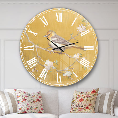 Gold Bird on Blossoms I - Farmhouse Large Wall CLock