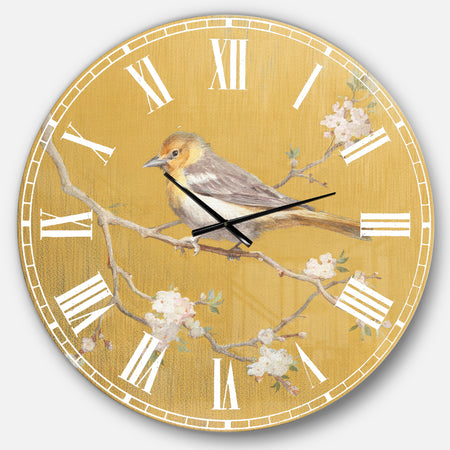 Gold Bird on Blossoms I - Farmhouse Large Wall CLock