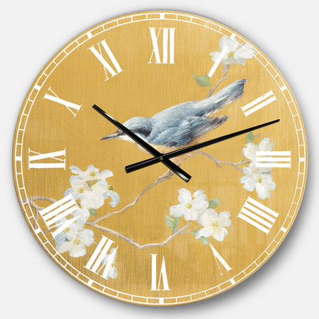 Gold Bird on Blossoms II - Farmhouse Large Wall CLock