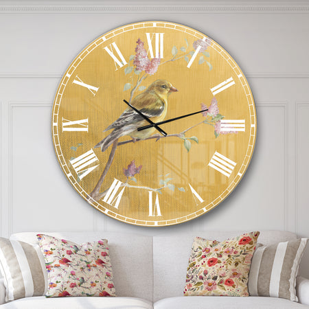 Gold Bird on Blossoms III - Farmhouse Wall CLock