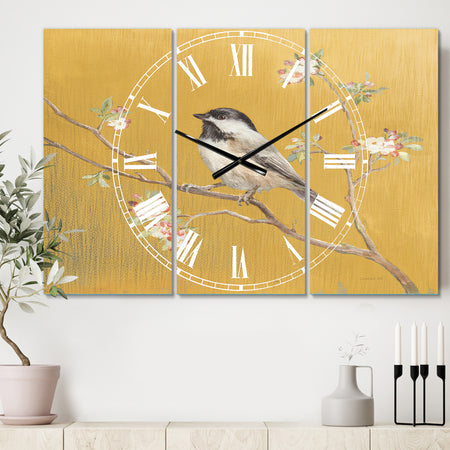 Gold Bird on Blossoms IV - Cottage 3 Panels Oversized Wall CLock