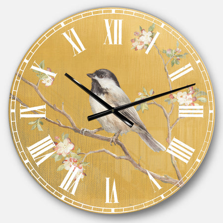 Gold Bird on Blossoms IV - Farmhouse Large Wall CLock
