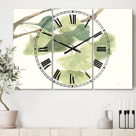 Watercolor Gingko Leaves I - Cottage 3 Panels Large Wall CLock