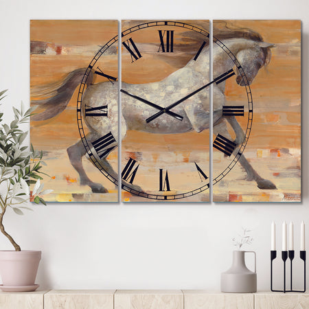 southwest Beige Horse - Cottage 3 Panels Oversized Wall CLock