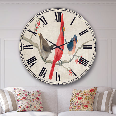 Red Farmhouse Bird on Branch Painting - Modern Farmhouse Wall CLock