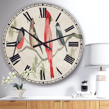 Chickadee And Red Farmhouse Bird on Branch - Modern Farmhouse Large Wall CLock