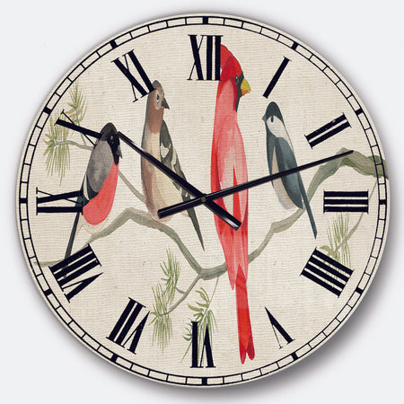 Chickadee And Red Farmhouse Bird on Branch - Modern Farmhouse Large Wall CLock