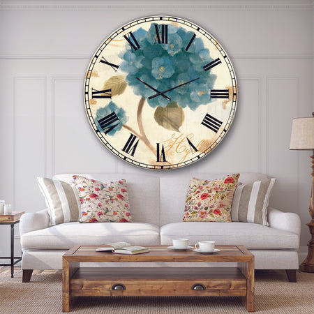 Blue Cottage Flower Hydrangea II - Farmhouse Oversized Wall CLock