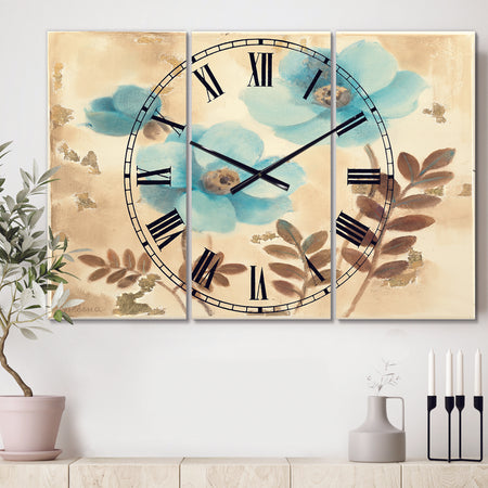 Blue Poppies Cottage Flowers II - Cottage 3 Panels Large Wall CLock