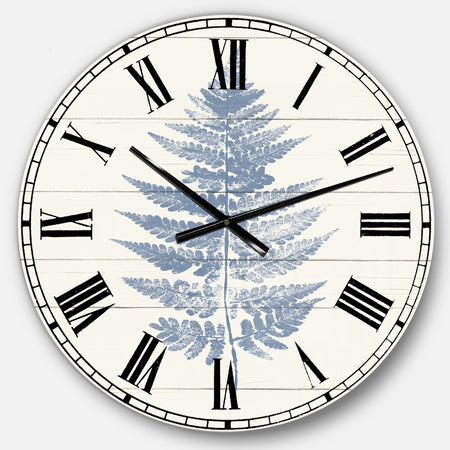 Blue Fern Print on wood I - Cabin & Lodge Large Wall CLock