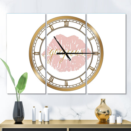 fashion Glam Lips on Gold II - Glam 3 Panels Large Wall CLock