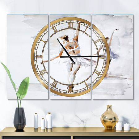 watercolors Ballerinas Dance II - Glam 3 Panels Oversized Wall CLock